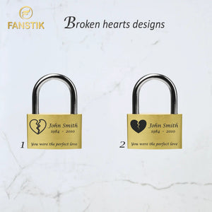 engraved lock for bridge, love lock personalised, personalized locks, custom padlocks,, engravable lock,  Broken Heart.
