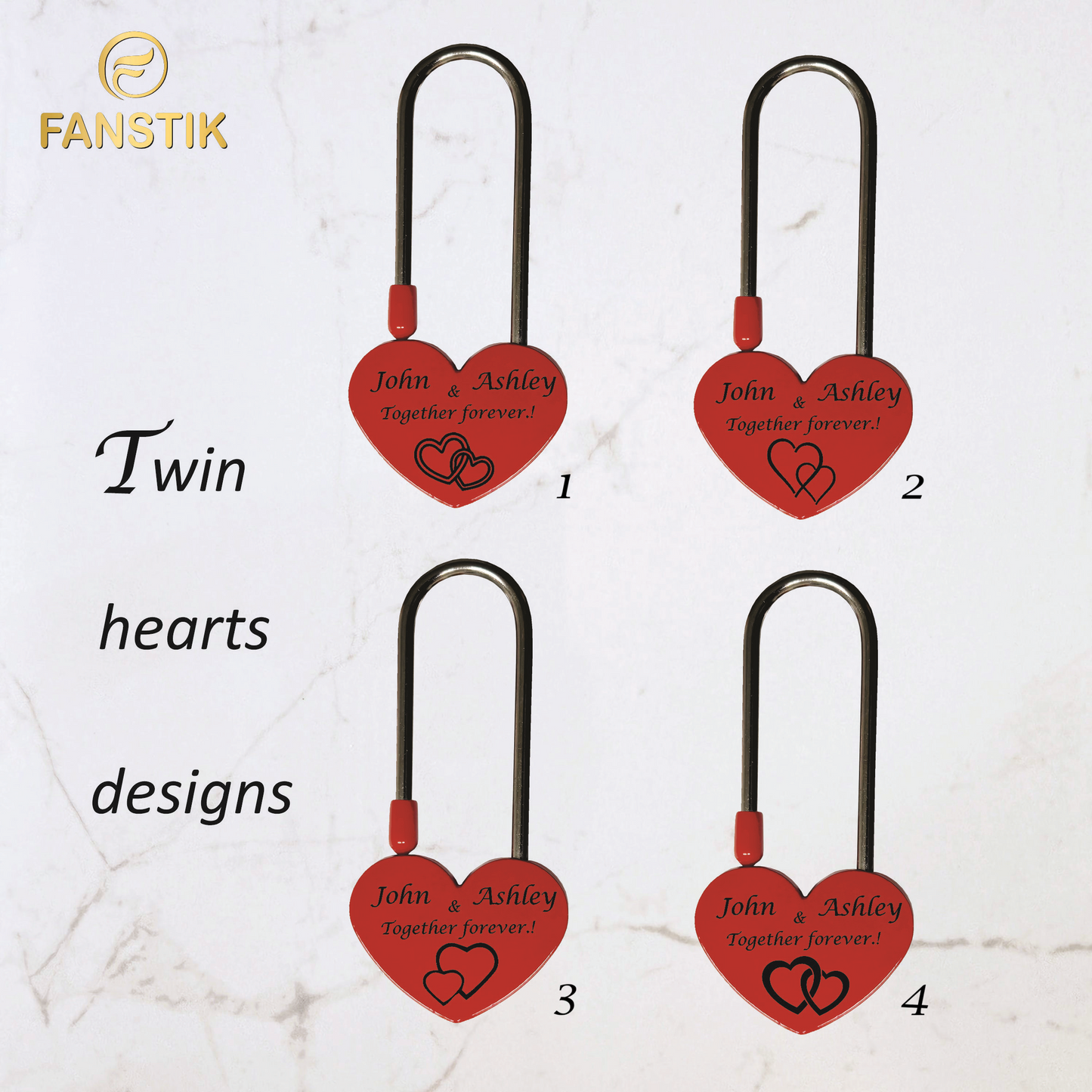 Custom Engraved Red Padlock, Twin Red hearts designs