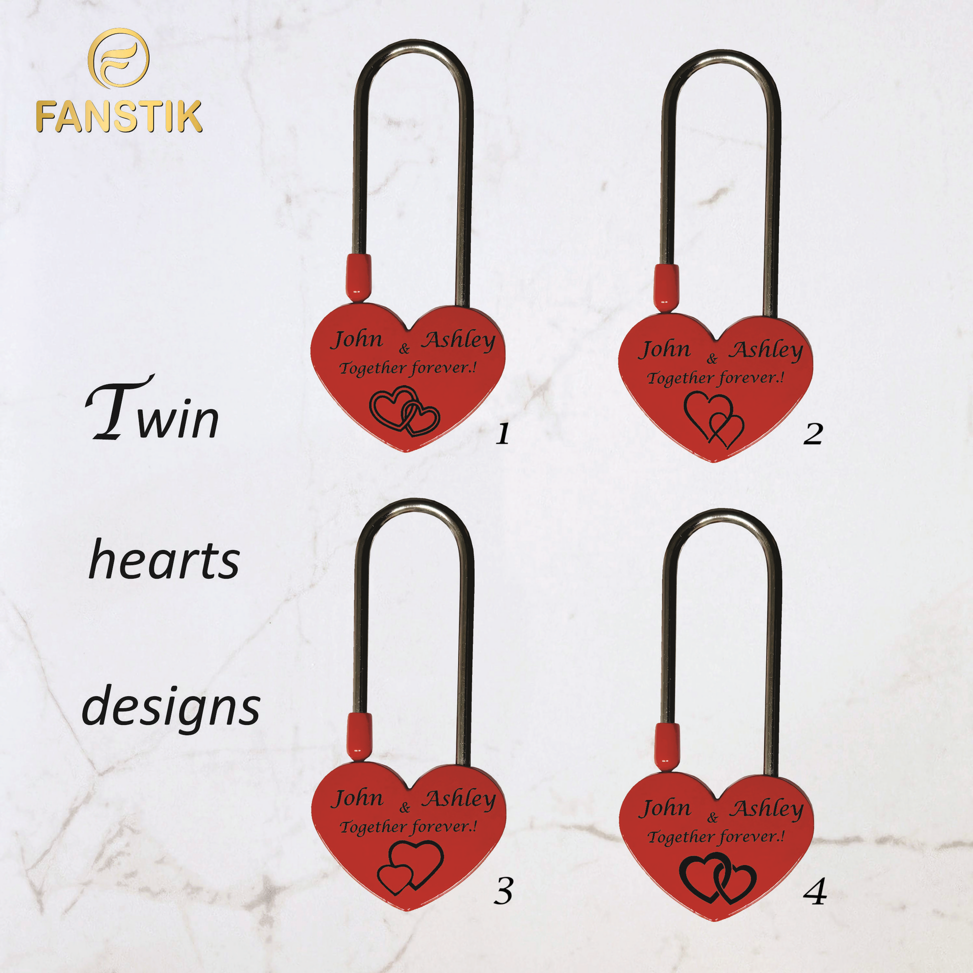 Custom Engraved Red Padlock, Twin Red hearts designs